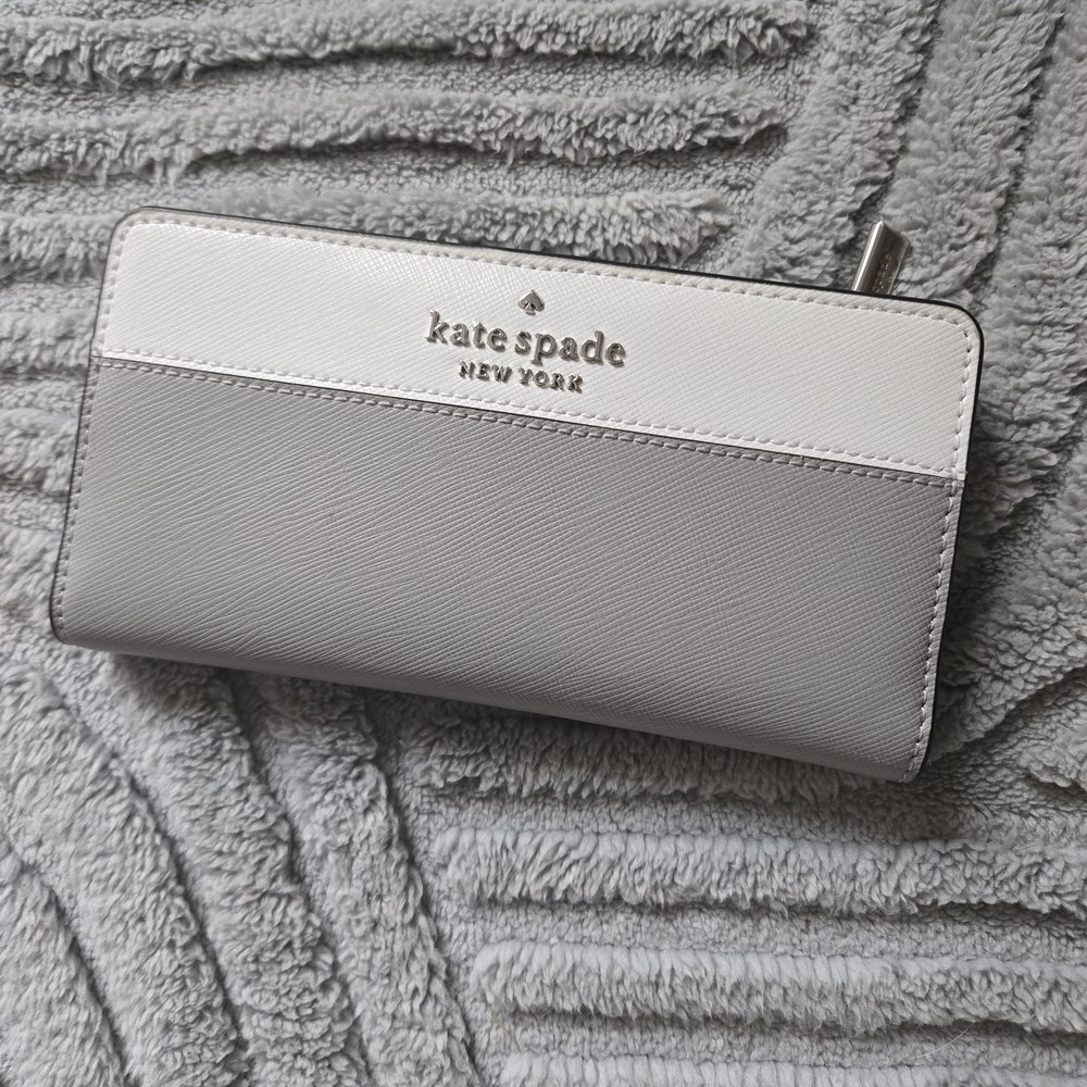 Kate Spade White and Light Gray Saffiano Zip Wallet with Silver Hardware